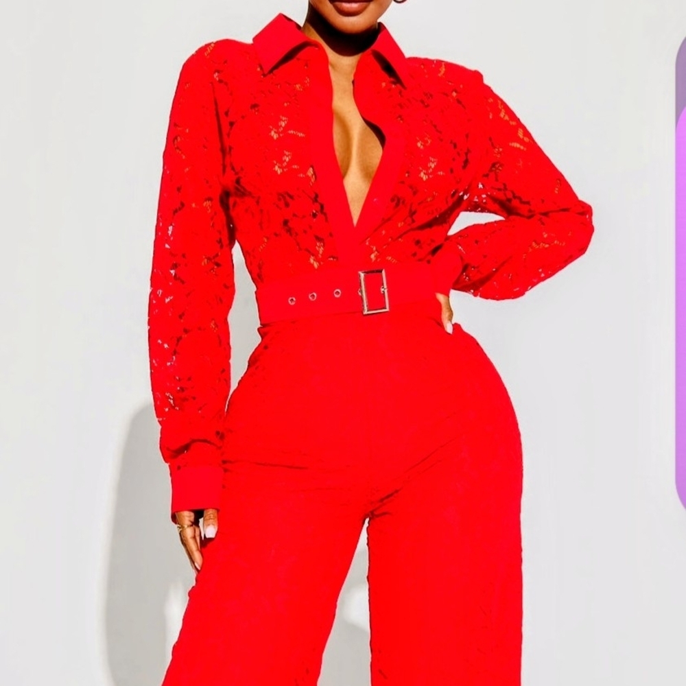 Source Unknown Scarlet Lace Belted Jumpsuit